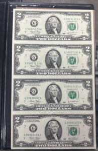 Uncut sheet of 4 $2 notes